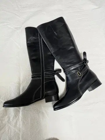 블랙 가죽 롱 부츠 24.5cm 지퍼