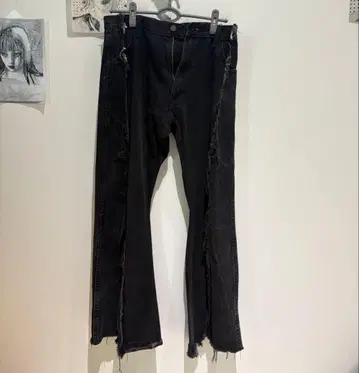 리메이크 블랙 프린지 부츠컷 데님 플레어 팬츠