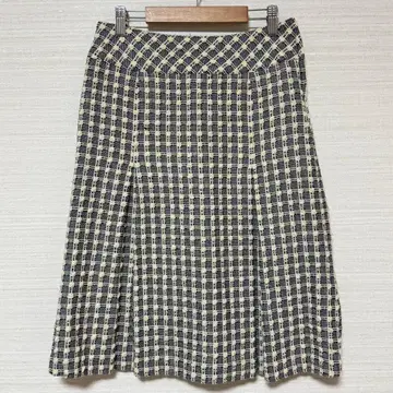 쿠미쿄쿠팜 트위드 체크 플레어 스커트 M 블랙 화이트 울 고급