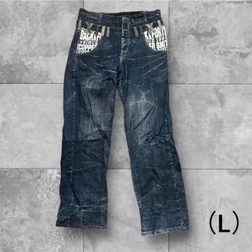 데미지 가공 다크 블루 스트레이트 청바지 L