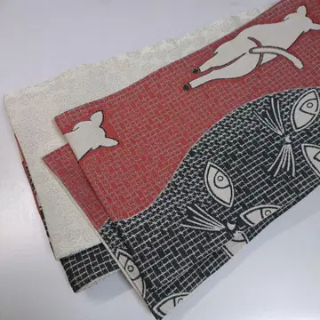 고양이 패턴 반폭 오비 빨간색과 블랙 안감 흰 꽃 패턴