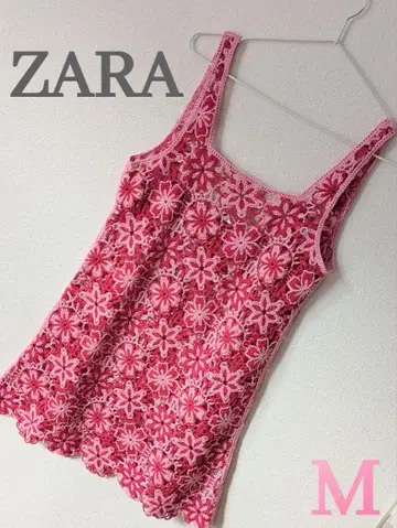 자라 니트 상의 베스트 시스루 짜임 M 빨간색 최근 모델 꽃 ZARA