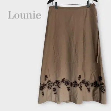 루니 꽃무늬 자수 롱 스커트 울 100% 베이지
