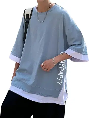 산뜻한 빅 실루엣 T셔츠 파랑 레이어드 스타일 L 블루