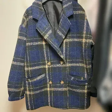 네이비 계열 체크 더블 브레스트 자켓 F 사이즈