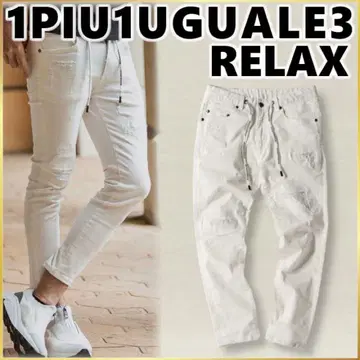1PIU1UGUALE3 RELAX 앵클 기장 화이트 데미지 데님