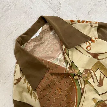 쇼와 레트로 빈티지풍 올 패턴 셔츠 / 브라운 절개 옷깃 루즈핏