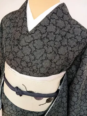 세탁 가능한 에도 코몬 흑먹색 눈꽃 무늬 이중 기모노 M 사이즈