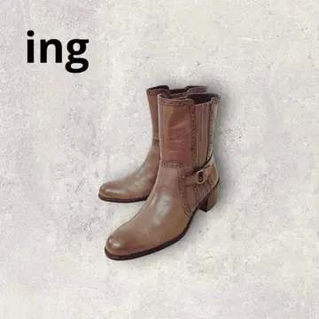 ing 레더 숏부츠 브라운 벨트 디자인 와이드 힐 24cm EE