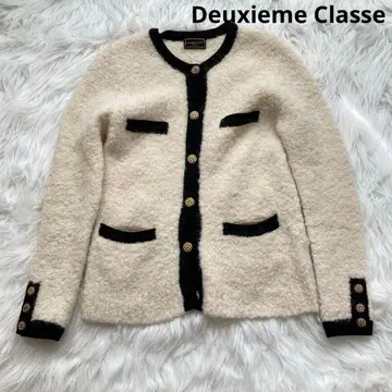 두지엠 클라세 알파카 혼방 배색 니트 가디건 골드 버튼 아이보리