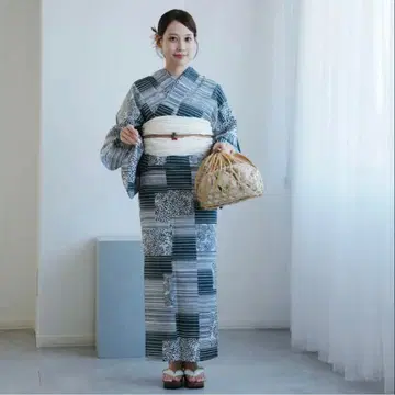 유카타 단품 모던 패턴 그린 계열 우타타네