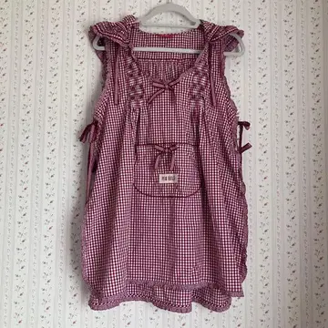 핑크하우스 깅엄 체크 후드 부착 탭 빨간색