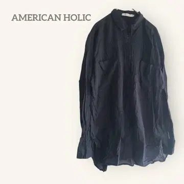 아메리칸 홀릭 [ M ] 밑단 라운드 코튼 셔츠 네이비 가슴 포켓