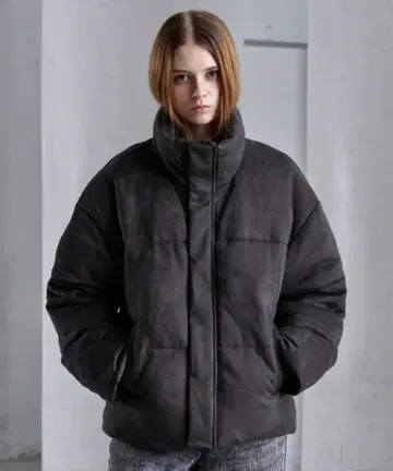 [ CLEL ] 볼륨 하이넥 숏 패딩 자켓 차콜 그레이 S