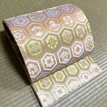 순수 실크 가드 가공 후쿠로 오비 [ 자수 거북이 등껍질 꽃 무늬 ]