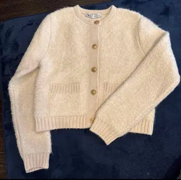 [ ZARA ] 골드 버튼 울 혼방 부클 니트 가디건