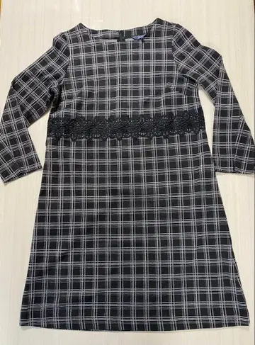 JUNKO SHIMADA 체크 무늬 레이스 장식 긴팔 원피스 L 사이즈