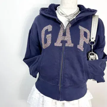 y2k 00s GAP 라메 몰 디테일 빅 로고 보아 안감 지퍼 후드티