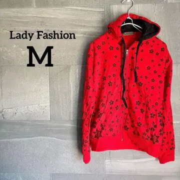 Lady Fashion [M] 꽃무늬 레드 후드티 긴팔 후드 부착 보아