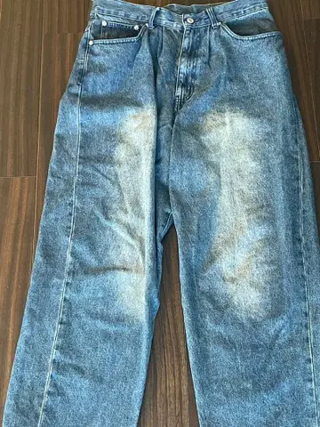 와이드 레그 데님 팬츠 블루 페이드 가공