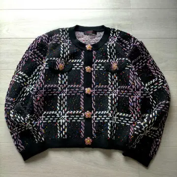 빈티지 구제 의류 꽃 버튼 트위드 자켓 체크 무늬 가디건