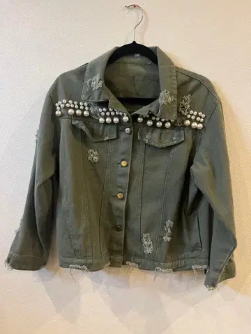 올리브 그린 펄 장식 데님 자켓