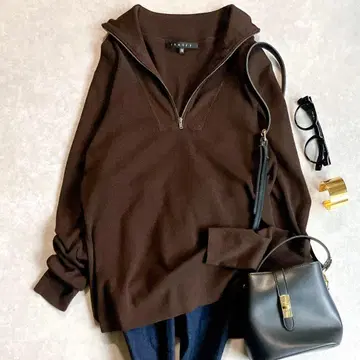 새상품급 띠어리 Theory 울 하프 지퍼 니트 가는 리브 쇼콜라 컬러