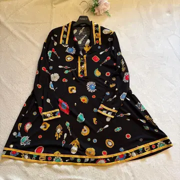 인기 레오나르 셔츠 원피스 골드 버튼 트리밍 보석 실크 트리밍 M