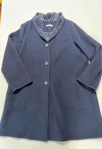 SELF SERVICE 울 혼방 네이비 코트 체크 옷깃 L 사이즈