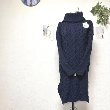 10870 터틀넥 케이블 니트 원피스 네이비