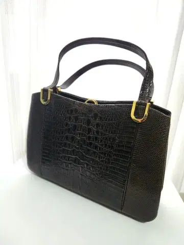 크로커다일 패턴 천연 가죽 핸드백 골드 금장 장식 포멀 일본제