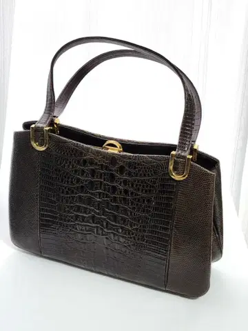 크로커다일 패턴 천연 가죽 핸드백 골드 금장 장식 포멀 일본제