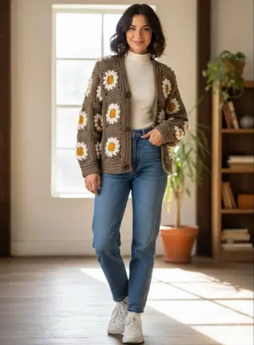할머니 네모 데이지 모티브가 특징인 카페 오 레 니트 가디건