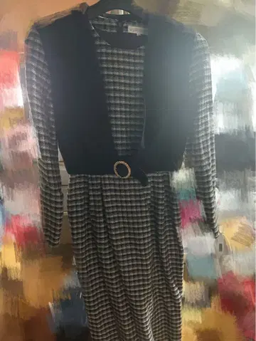 체크 무늬 긴팔 원피스 벨트 포함