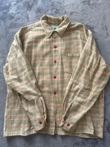 90s 빈티지 플란넬 셔츠 체크 셔츠 빨간색 버튼 베이지 그린