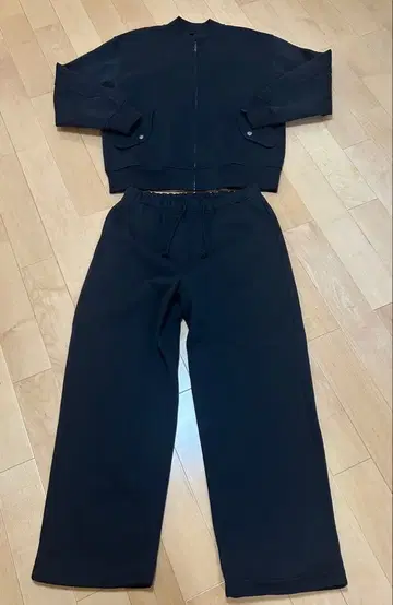 GU 헤비 웨이트 맨투맨 리브 블루종 와이드 스트레이트 팬츠