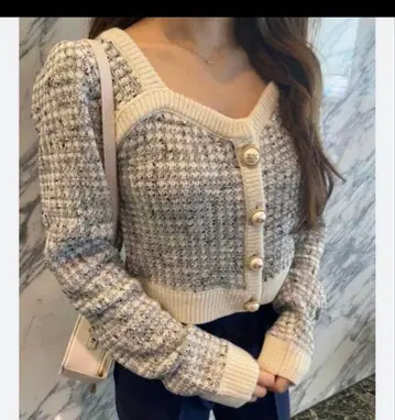 에이미 이스트 월 니트 트위드 하트넥 가디건