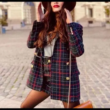 자라 체크 트위드 더블 자켓 셋업 그린 레드 L 골드 버튼