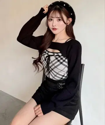 NOMAE 체크 리본 숏 레이어드 니트