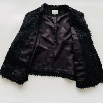 자유구 노카라 자켓 트위드 프린지 사이즈 46 XL 상당 블랙