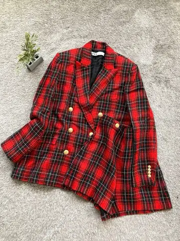 ZARA 체크 트위드 더블 금장 버튼 자켓 셋업