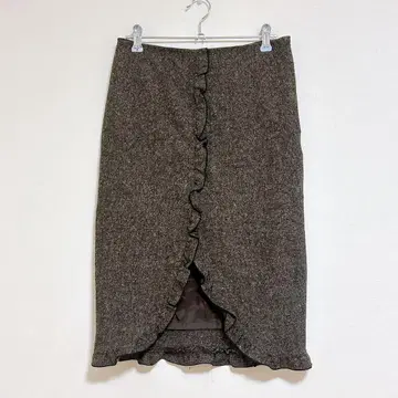 매니시 스커트 무릎 기장 브라운 레이스 울 안감 프릴 가을 겨울