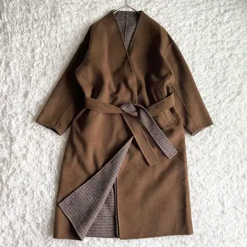 [ 새상품급 ] JS+e 울 리버 체크 하이넥 코트 노카라 벨티드