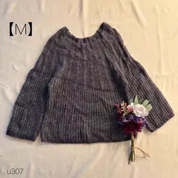 와이드 슬리브 니트 시스루 짜임 리브 니트 절개 크루넥 그레이 [ M ]