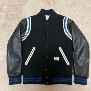 울 가죽 스트라이프 바시티 자켓