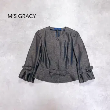 새상품급 엠즈 그레이시 노카라 자켓 리본 린넨 세레모니 38