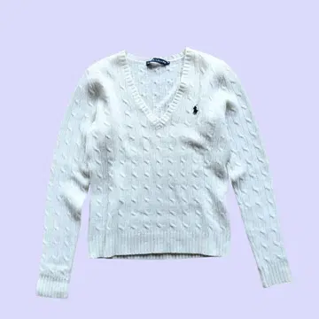 랄프 로렌 케이블 니트 스테디셀러 V넥 화이트 M 모 100% 자수 로고