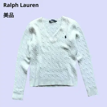랄프 로렌 케이블 니트 스테디셀러 V넥 화이트 M 모 100% 자수 로고
