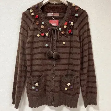 핑크하우스 브라운 스트라이프 폼폼 가디건 미사용 새상품 택 포함