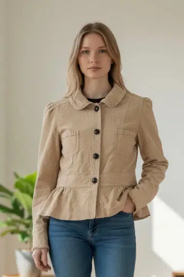 엠즈 그레이시 베이지 프릴 옷깃 페플럼 자켓